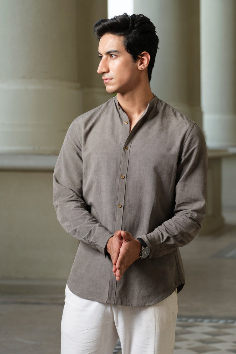 Vasudhaa Vastrram Aatma - Men's Natural dyed Linen and Bamboo Grey Full Sleeve Shirt