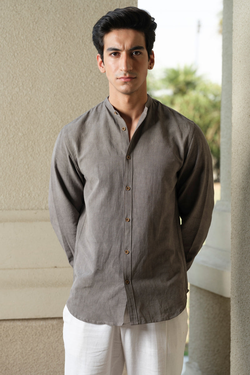 Vasudhaa Vastrram Aatma - Men's Natural dyed Linen and Bamboo Grey Full Sleeve Shirt