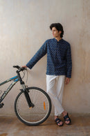 Vasudhaa Vastrram Aatman - men's indigo block printed bamboo and linen full sleeve shirt