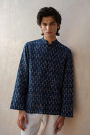 Vasudhaa Vastrram Aatman - men's indigo block printed bamboo and linen full sleeve shirt