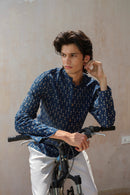Vasudhaa Vastrram Aatman - men's indigo block printed bamboo and linen full sleeve shirt