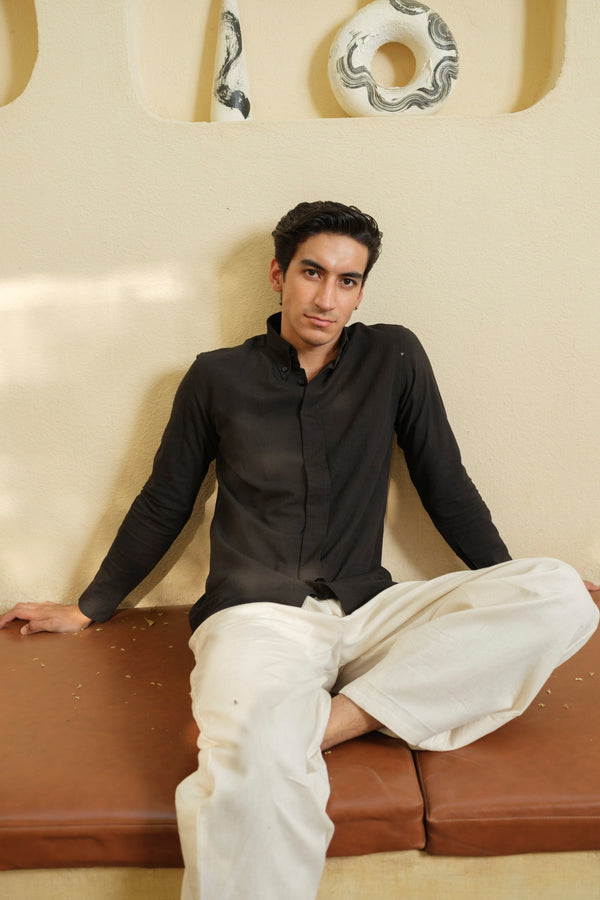 Vasudhaa Vastrram Achal - Men's Organic Linen and Bamboo Charcoal Black Full Sleeve Shirt