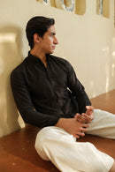 Vasudhaa Vastrram Achal - men's organic charcoal black linen and bamboo full sleeve shirt