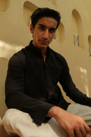 Vasudhaa Vastrram Achal - men's organic charcoal black linen and bamboo full sleeve shirt