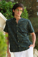 Vasudhaa Vastrram Achhedya - men's organic green block printed linen and bamboo half sleeve shirt