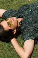 Vasudhaa Vastrram Achhedya - men's organic green block printed linen and bamboo half sleeve shirt