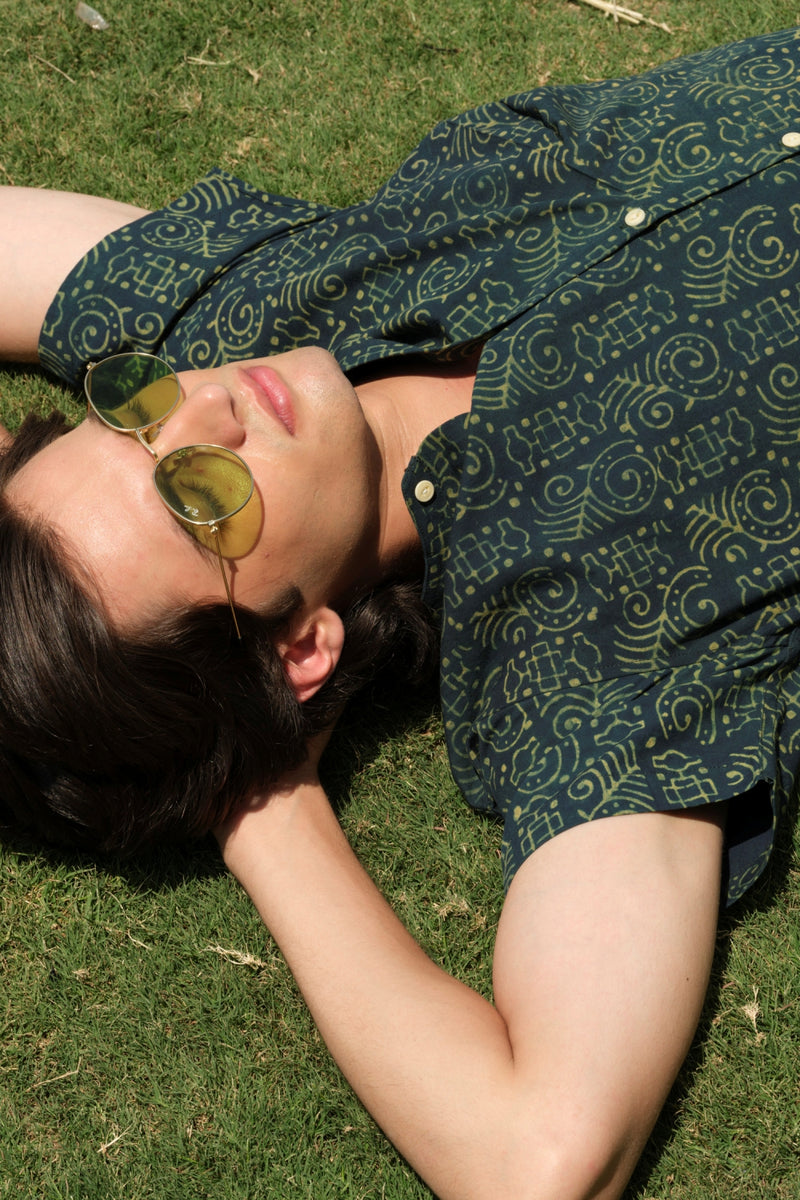 Vasudhaa Vastrram Achhedya - Men's Organic Block Printed Linen and Bamboo Green Half Sleeve Shirt