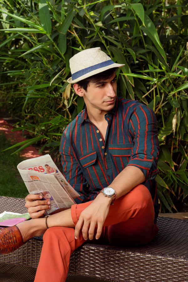 Vasudhaa Vastrram Avikarya - Men's Organic Block Printed Linen and Bamboo Blue and Red Full Sleeve Kurta