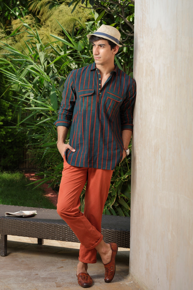 Vasudhaa Vastrram Avikarya - Men's Organic Block Printed Linen and Bamboo Blue and Red Full Sleeve Kurta
