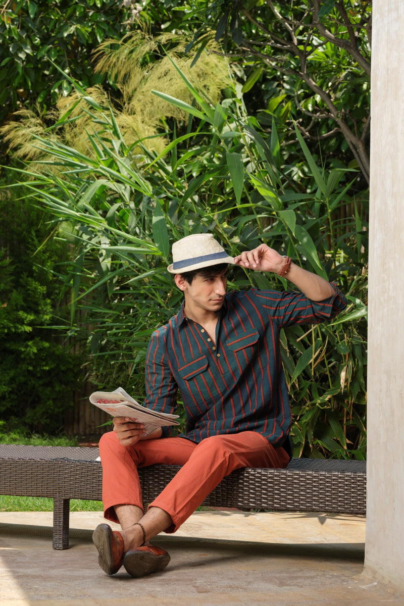 Vasudhaa Vastrram Avikarya - Men's Organic Block Printed Linen and Bamboo Blue and Red Full Sleeve Kurta