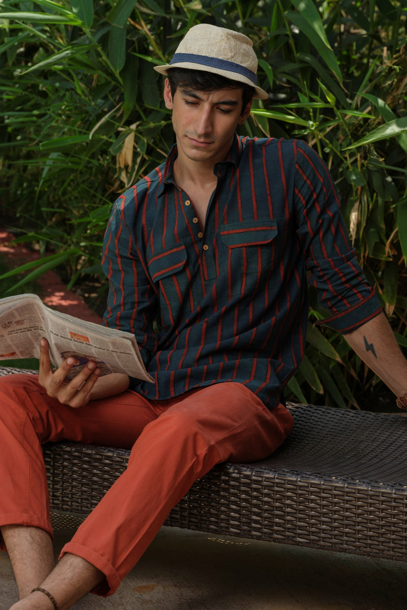 Vasudhaa Vastrram Avikarya - Men's Organic Block Printed Linen and Bamboo Blue and Red Full Sleeve Kurta