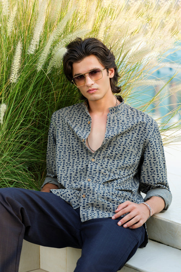 Vasudhaa Vastrram Avyakta - Men's Organic Block Printed Linen and Bamboo Grey and Indigo Full Sleeve Shirt