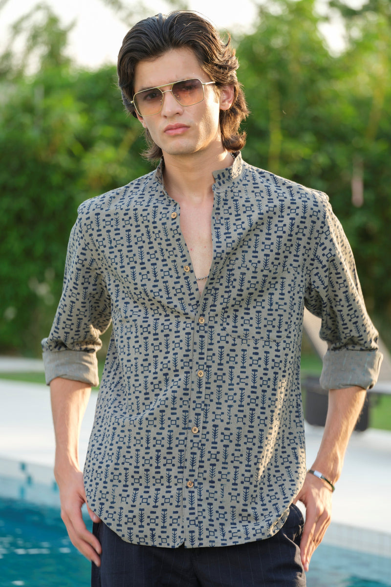 Vasudhaa Vastrram Avyakta - Men's Organic Block Printed Linen and Bamboo Grey and Indigo Full Sleeve Shirt