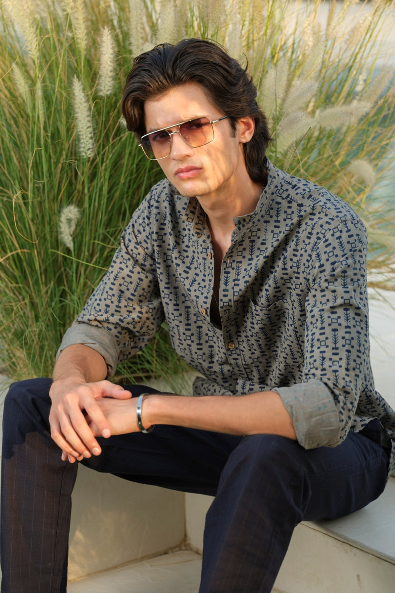 Vasudhaa Vastrram Avyakta - Men's Organic Block Printed Linen and Bamboo Grey and Indigo Full Sleeve Shirt