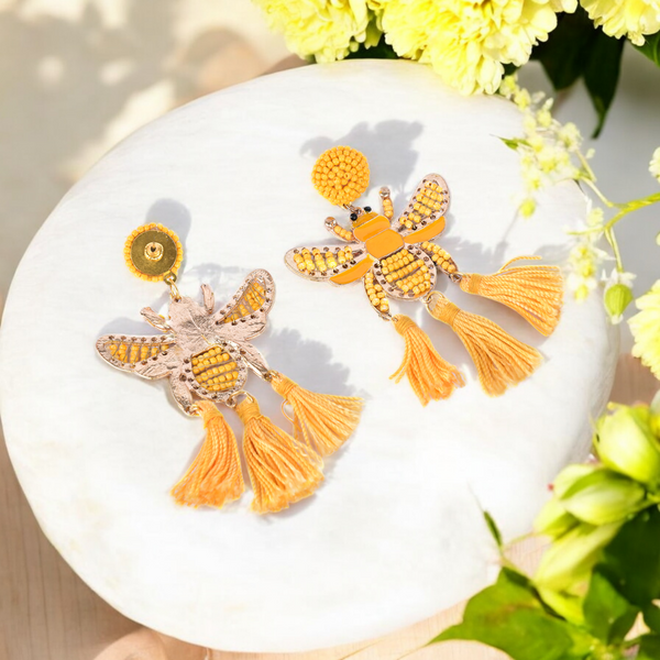 Yellow Beaded Bee Earrings with Tassel Accents – Statement Jewelry for a Bold Look