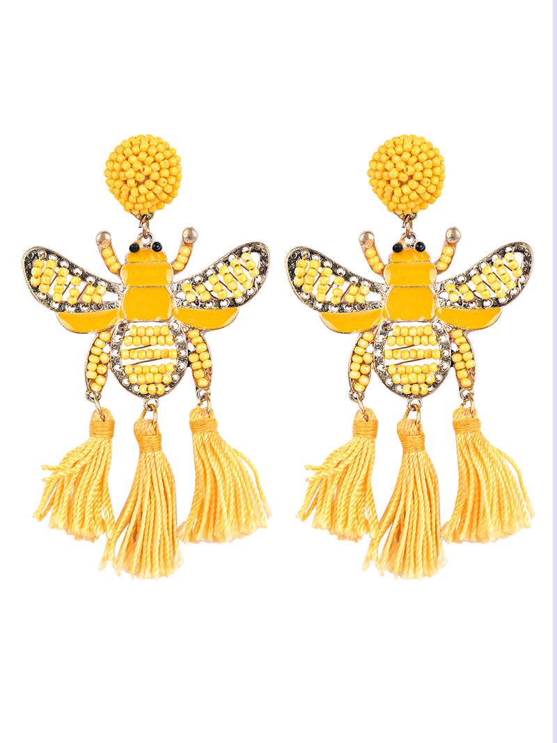 Yellow Beaded Bee Earrings with Tassel Accents – Statement Jewelry for a Bold Look