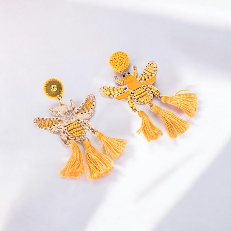 Yellow Beaded Bee Earrings with Tassel Accents – Statement Jewelry for a Bold Look