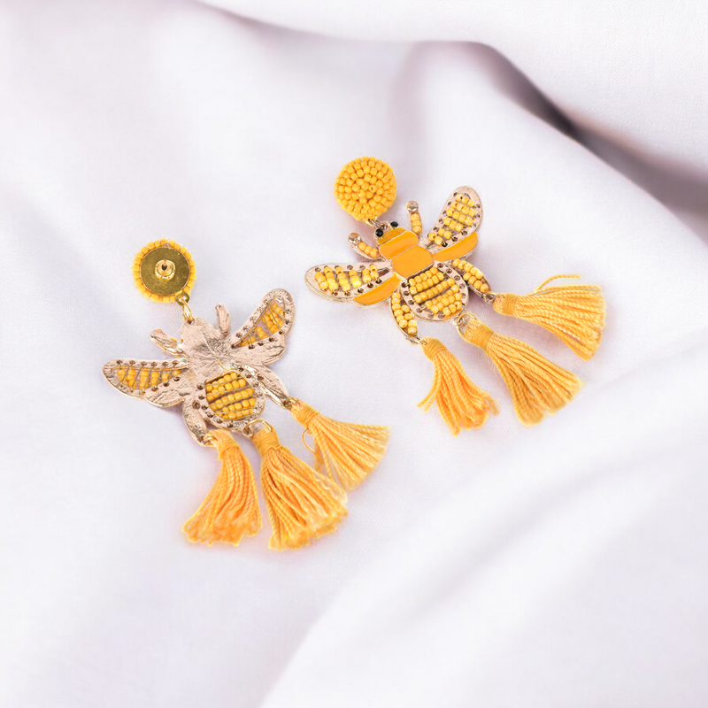 Yellow Beaded Bee Earrings with Tassel Accents – Statement Jewelry for a Bold Look