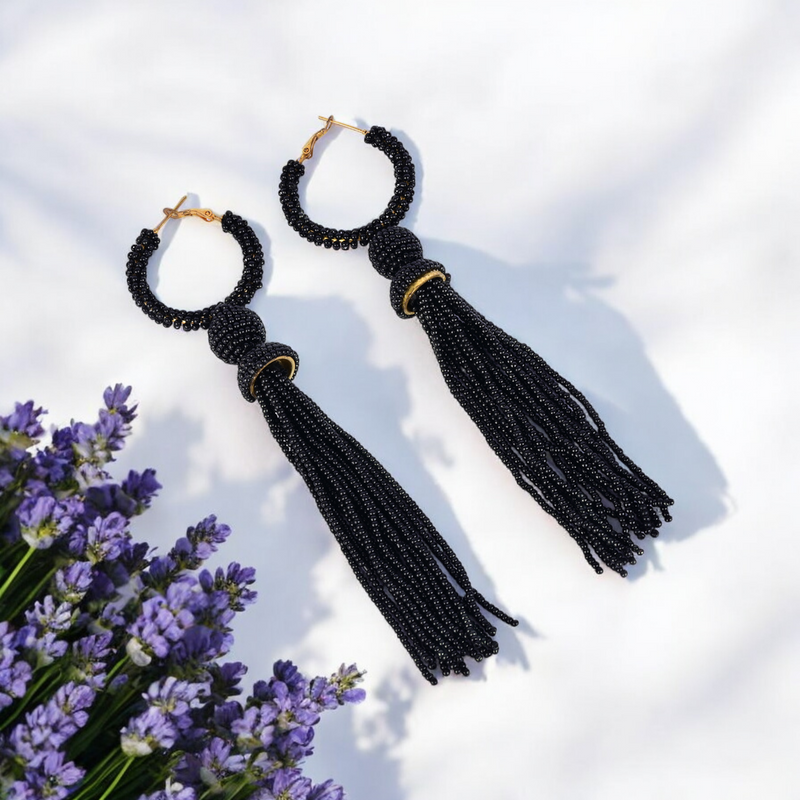 Elegant Black Beaded Hoop Earrings with Tassel Detail