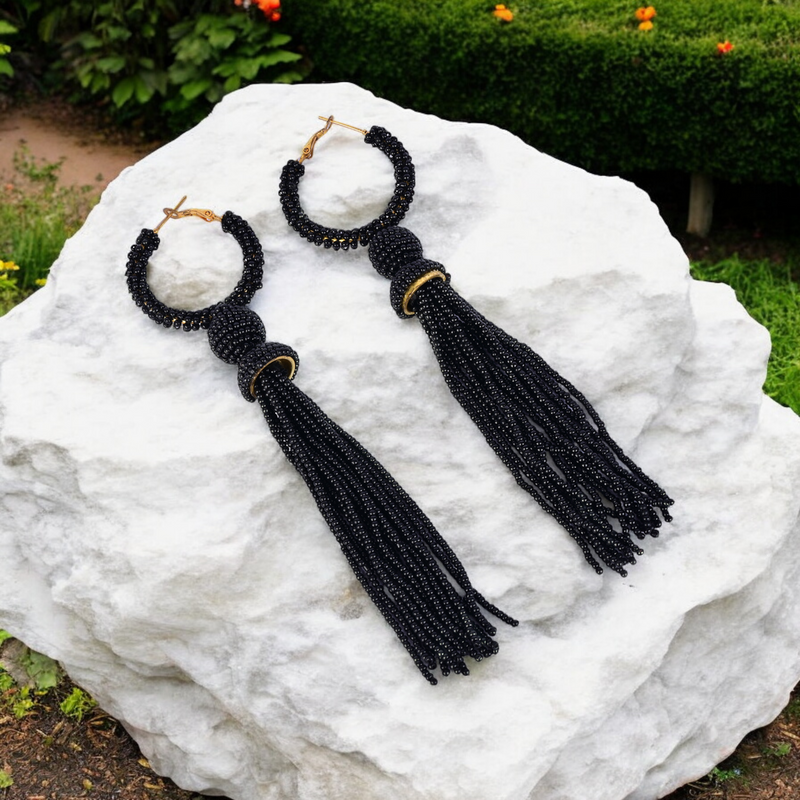 Elegant Black Beaded Hoop Earrings with Tassel Detail