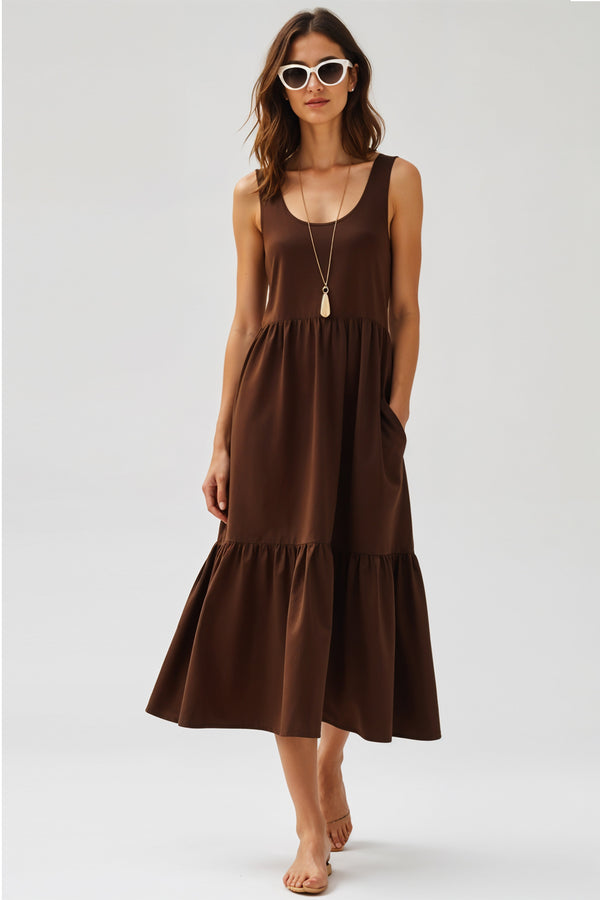 Studio Amala Earthy Mocha Brown Cotton Tiered Midi Dress