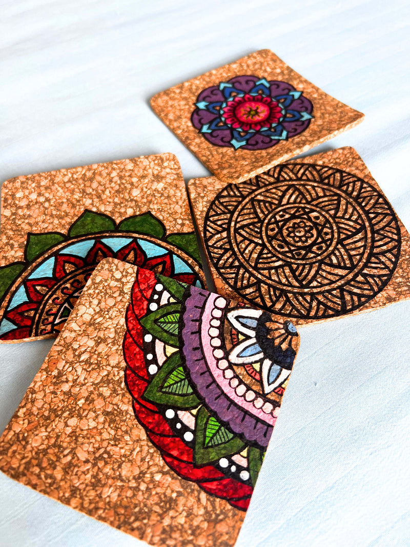 Dvaar Hand Painted Cork Coasters Handcrafted Eco Friendly Set of 4 -  Multicolour