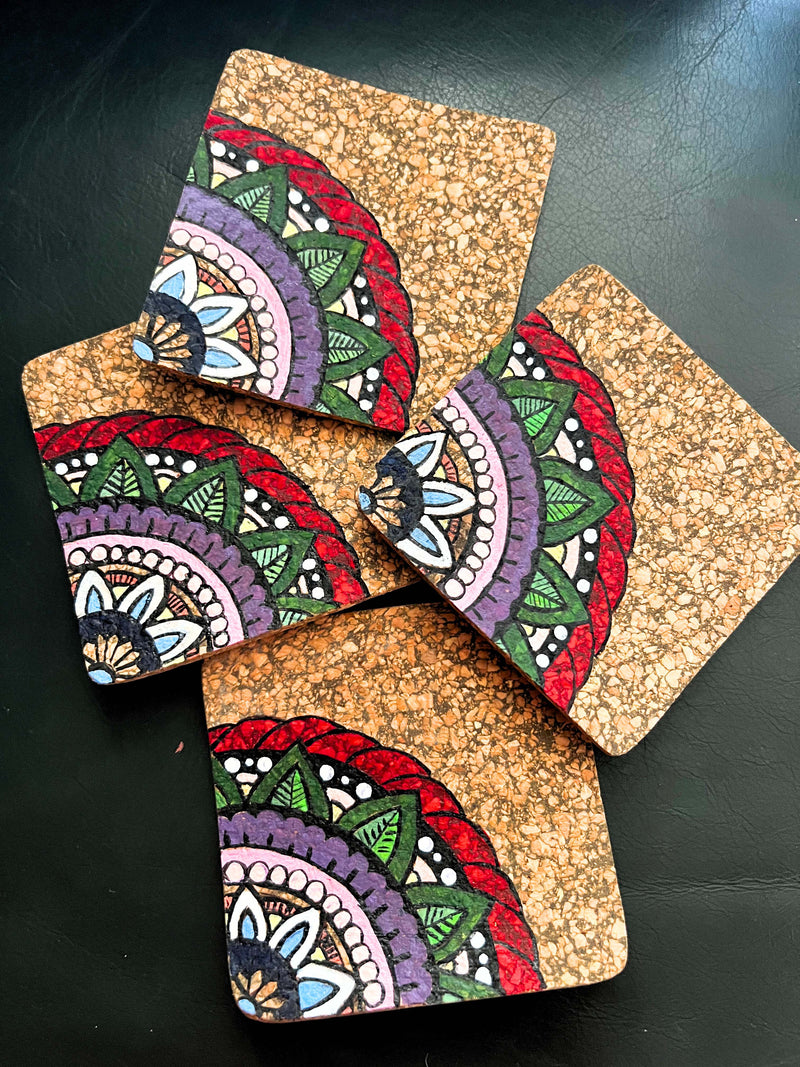 Dvaar Hand Painted Cork Coasters Handcrafted Eco Friendly Set of 4 -  Multicolour