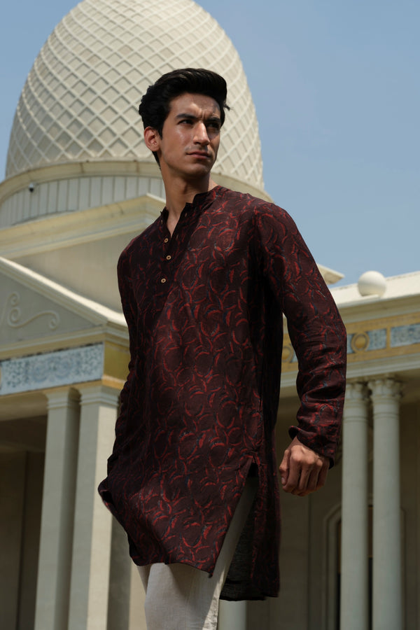 Vasudhaa Vastrram Chandra - Men's Organic Block Printed Linen and Lyocell Black and Maroon Full Sleeve Kurta