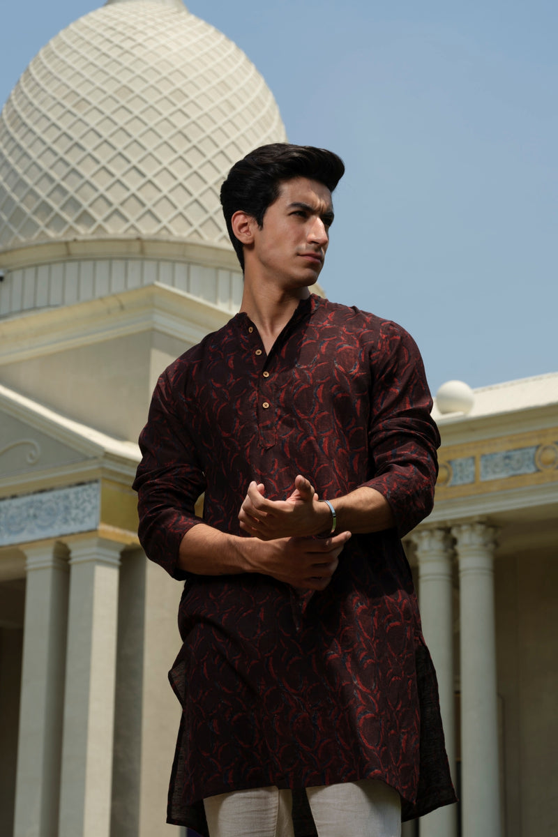 Vasudhaa Vastrram Chandra - Men's Organic Block Printed Linen and Lyocell Black and Maroon Full Sleeve Kurta