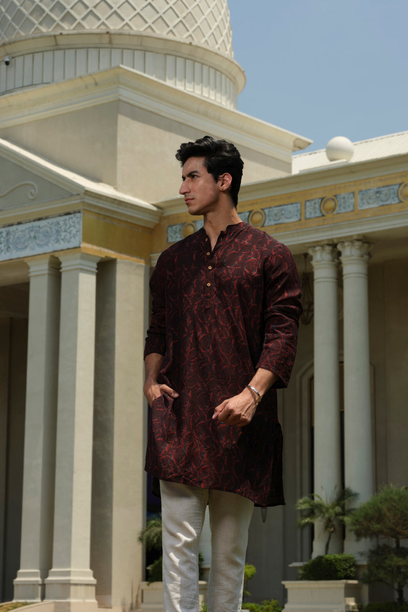 Vasudhaa Vastrram Chandra - Men's Organic Block Printed Linen and Lyocell Black and Maroon Full Sleeve Kurta