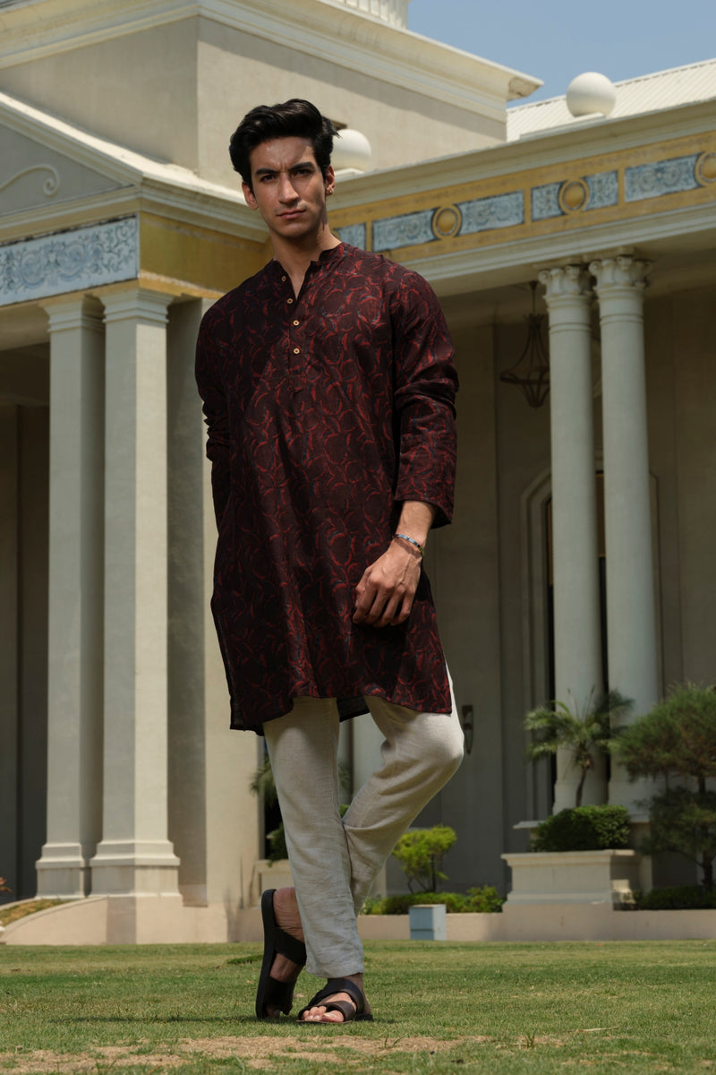 Vasudhaa Vastrram Chandra - Men's Organic Block Printed Linen and Lyocell Black and Maroon Full Sleeve Kurta