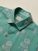 Patrah Block Teal Botanical Flower Printed Shirt