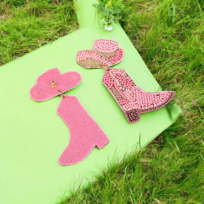 Pink Beaded Cowboy Boot and Hat Statement Earrings