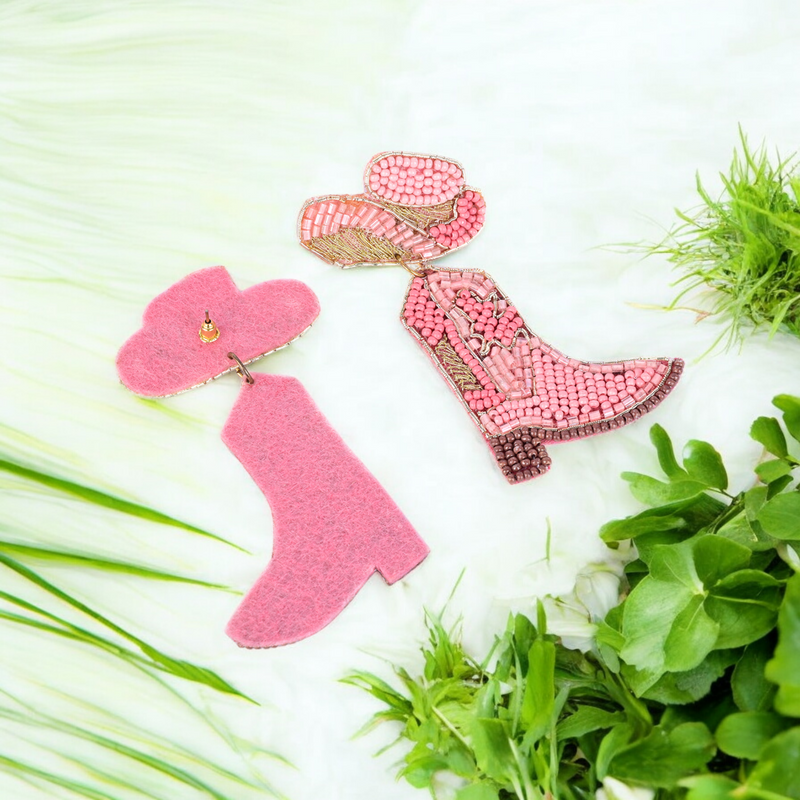 Pink Beaded Cowboy Boot and Hat Statement Earrings