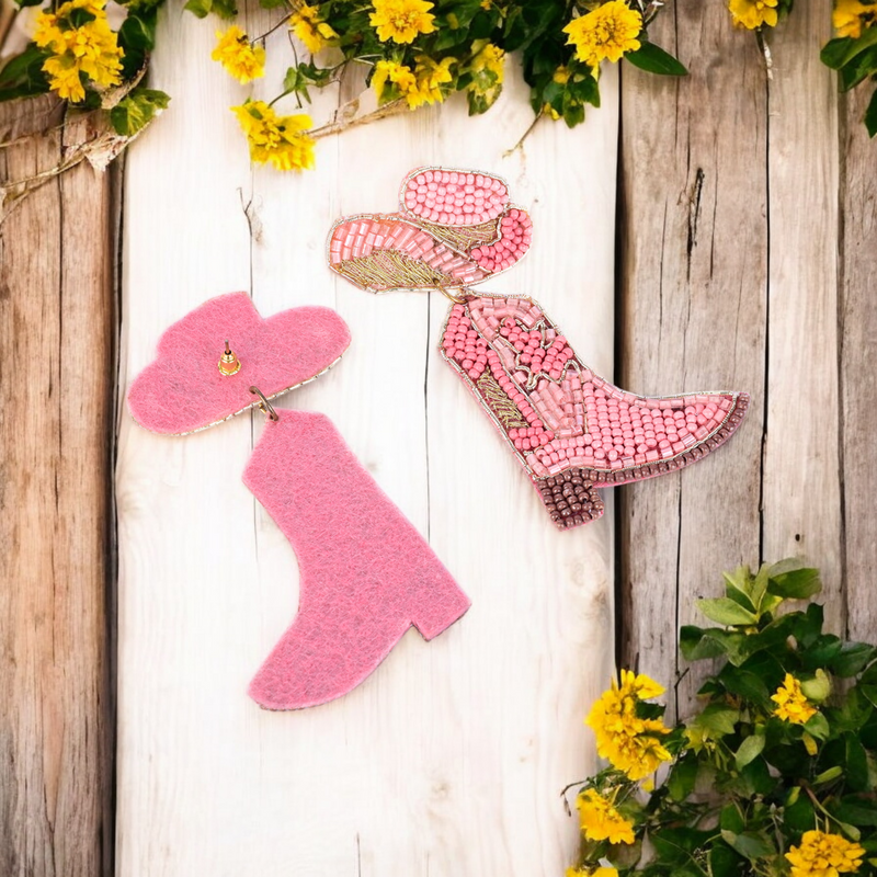 Pink Beaded Cowboy Boot and Hat Statement Earrings