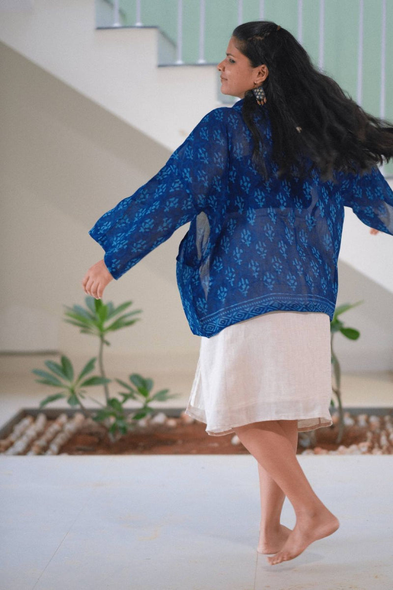 Asian In Me | Crafted from pre-loved handwoven saree | Unisex Blue Kimono Jacket| Yoru-kimono