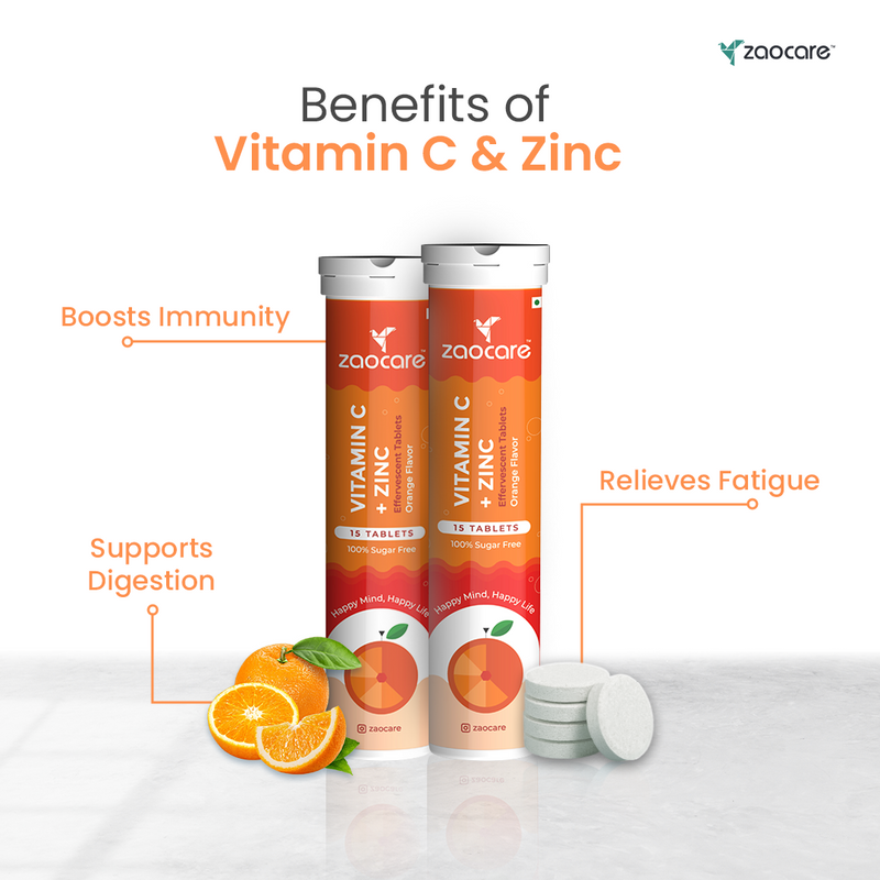 Zaocare Vitamin C & Zinc Effervescent Tablets For Men & Women (Natural Amla) | For Glowing Skin & Boosts Immunity | Supports Collagen Formation | Plant Based Supplement