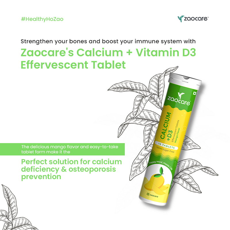 Zaocare Calcium & Vitamin D3 Effervescent Tablets For Men & Women | Supports Bone Health, Muscle Strength & Teeth Health