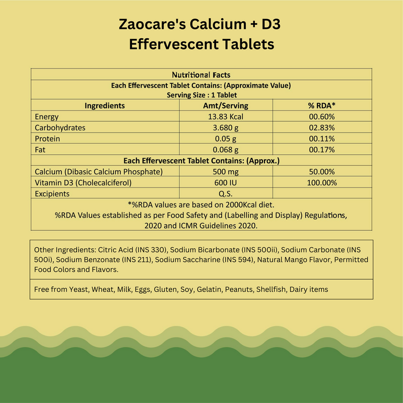 Zaocare Calcium & Vitamin D3 Effervescent Tablets For Men & Women | Supports Bone Health, Muscle Strength & Teeth Health