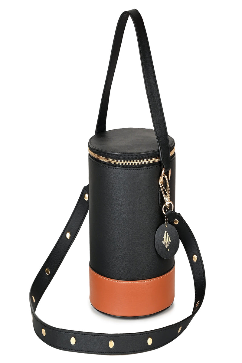 Green Hermitage Hemera Vegan Leather Bucket Bag (Black & Gingerbread)