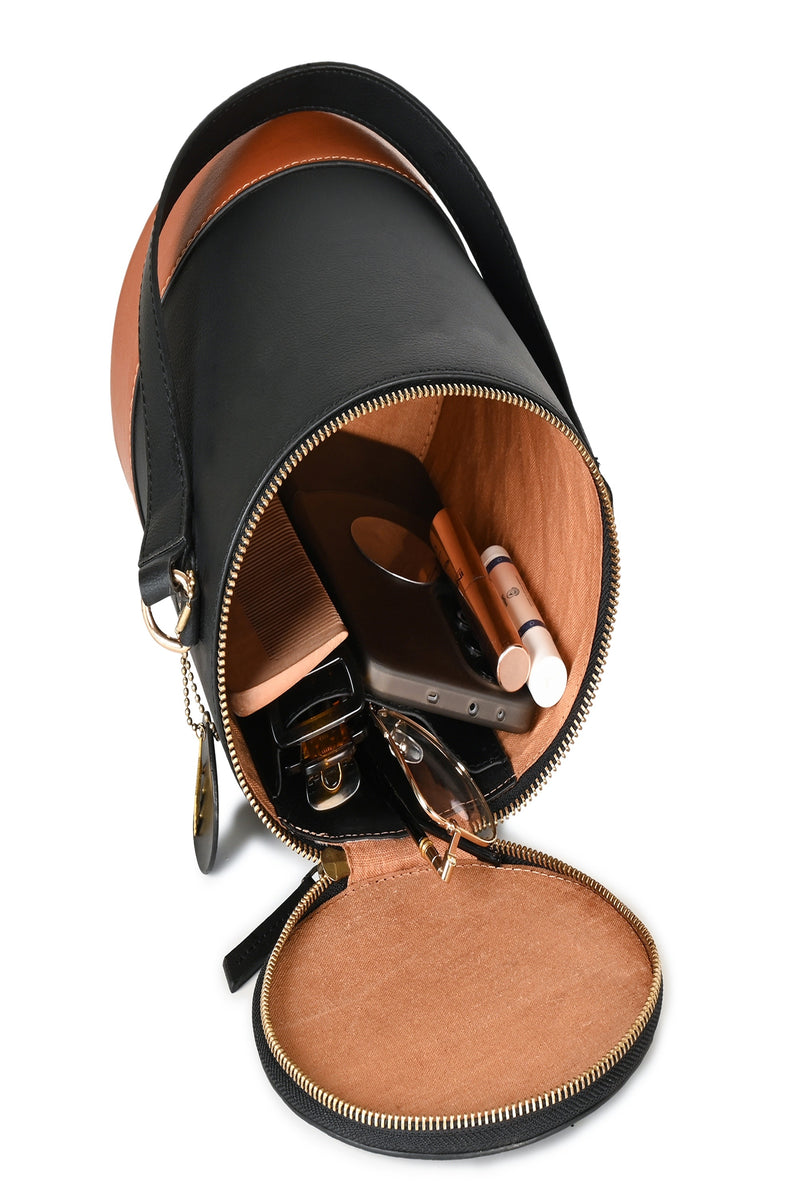 Green Hermitage Hemera Vegan Leather Bucket Bag (Black & Gingerbread)