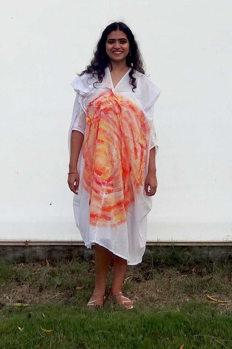 Asian In Me |Cotton Women's White Hand-Painted & Anti-Fit Dress | Zero-Waste Design | DC Energy Center Dress