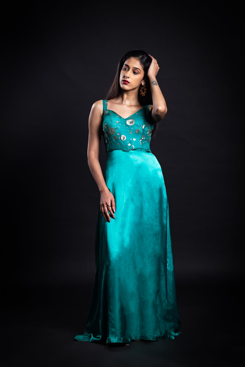 Gilded Foliage Women Emerald Green Gown