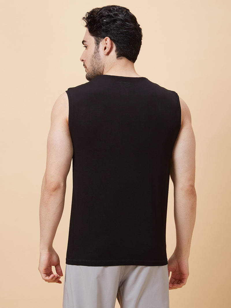 Roar for Good Black Bamboo Gym Vest for Men | Anti odour, Anti Microbial and Super Soft | Comfortable Activewear Tanks