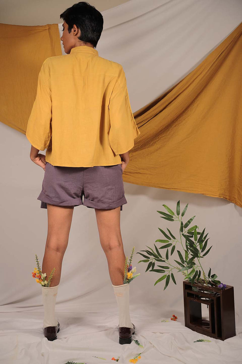Ethically made Purple linen Shorts with patch pocket