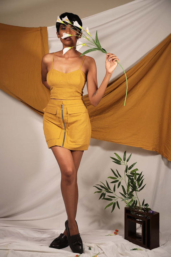 Ethically made Mustard Yellow Front Zip linen Skirt with flap pocket detail