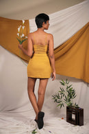 Ethically made Mustard Yellow Front Zip linen Skirt with flap pocket detail