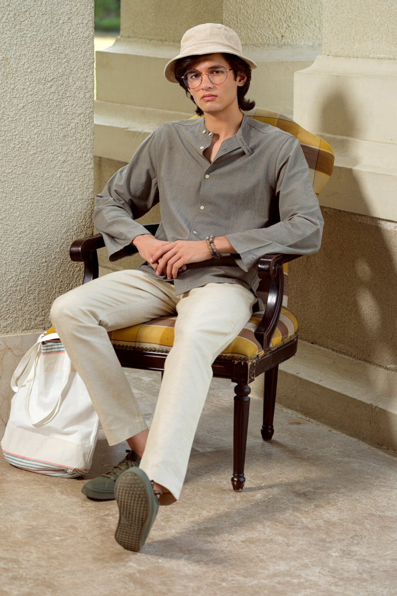 Vasudhaa Vastrram Kamanam - Men's Organic Linen and Bamboo Grey Full Sleeve Shirt