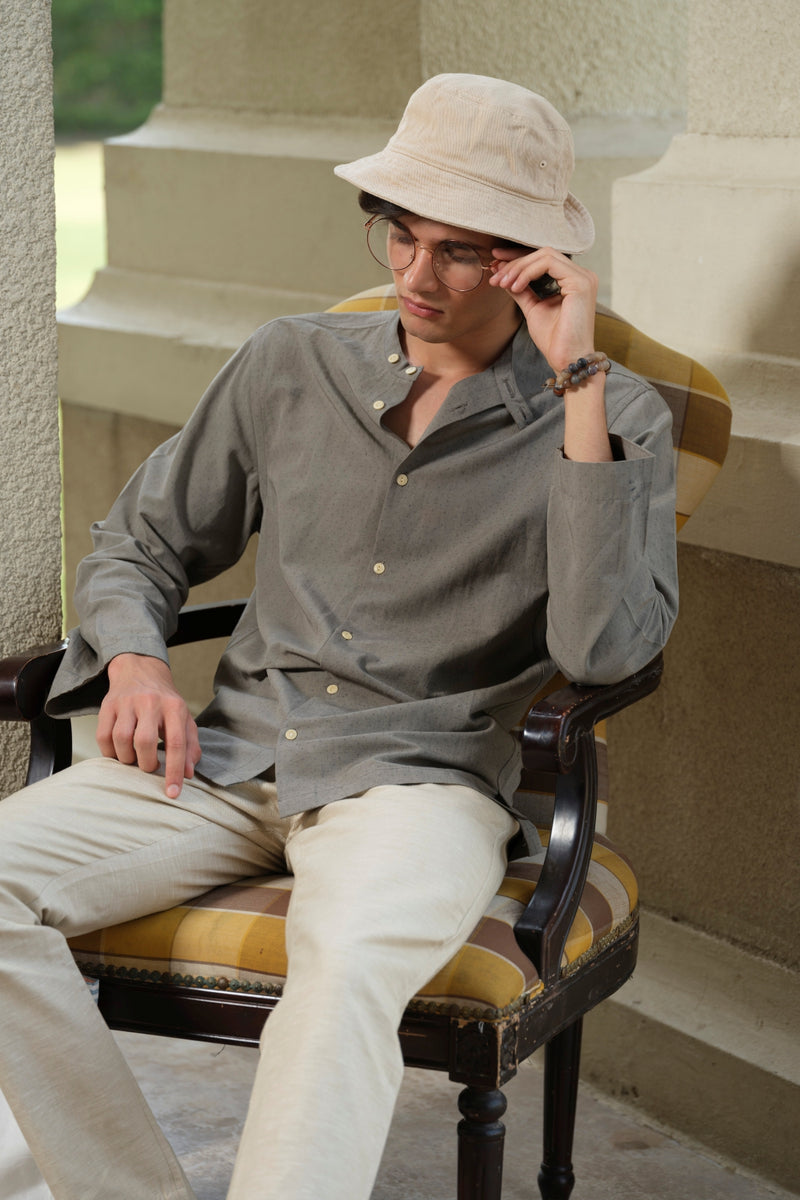 Vasudhaa Vastrram Kamanam - Men's Organic Linen and Bamboo Grey Full Sleeve Shirt