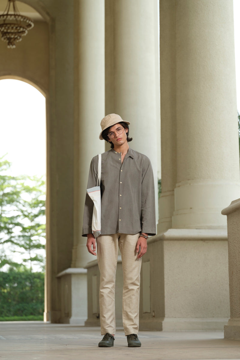 Vasudhaa Vastrram Kamanam - Men's Organic Linen and Bamboo Grey Full Sleeve Shirt